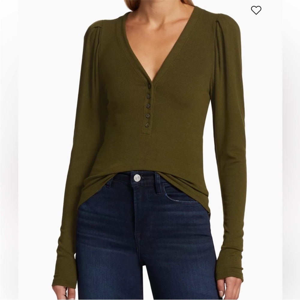 Frame Ribbed Ruched Sleeve Henley Top - Picture 1 of 7